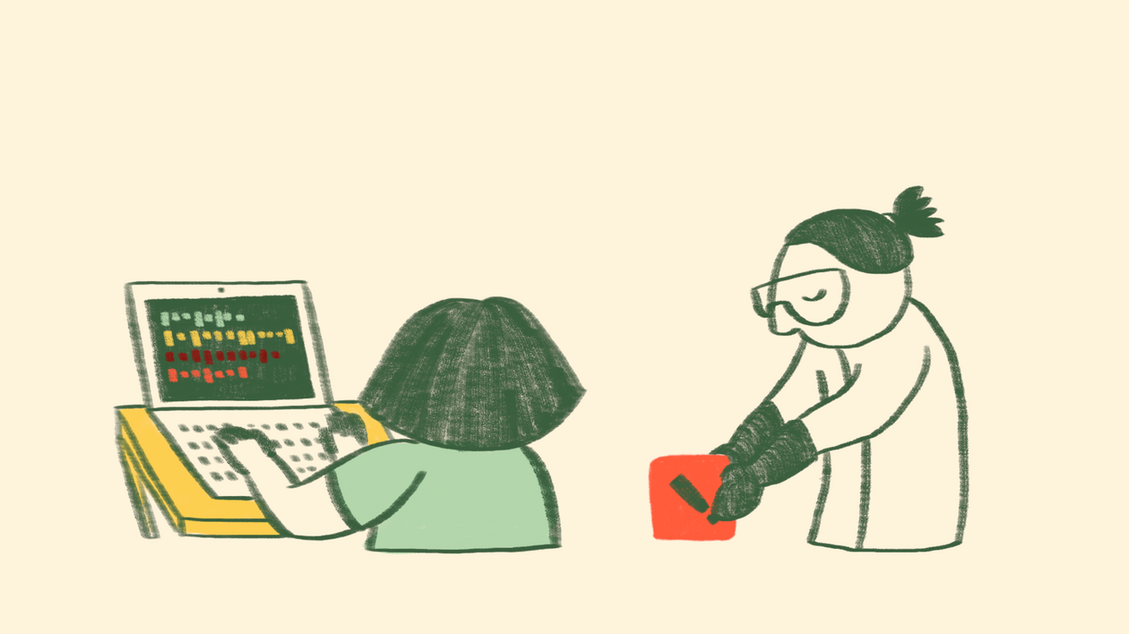 Two people are illustrated in a warm, cartoon style, one on the left and one on the right. The person on the left, who has their back to the viewer, and is typing on a laptop which is sitting on a table.